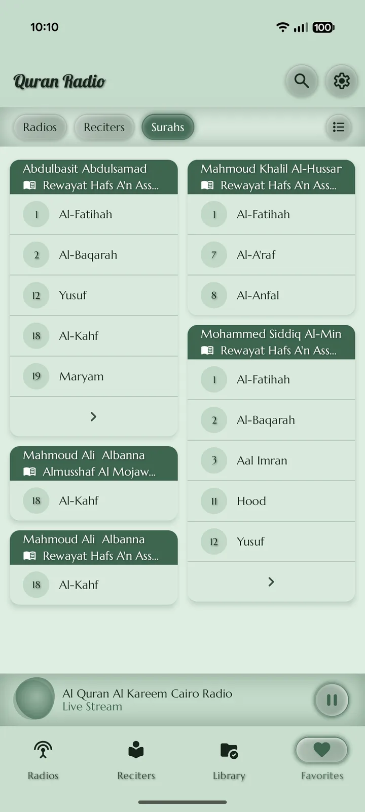 Screenshot of favorited surahs in the Quran Radio app