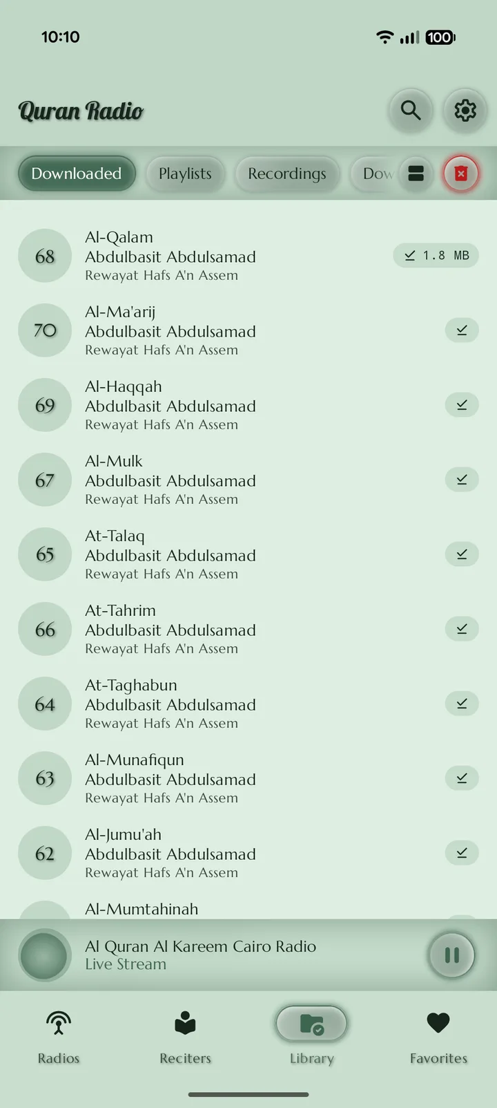 Screenshot of the downloads library in the Quran Radio app