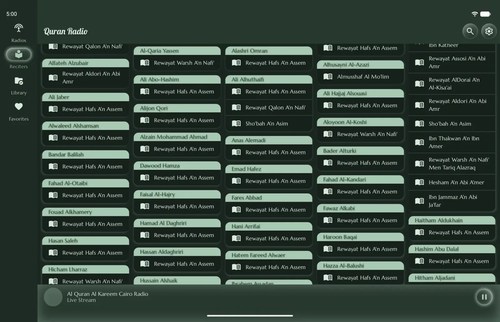 Screenshot of the reciters grid on a tablet in the Quran Radio app